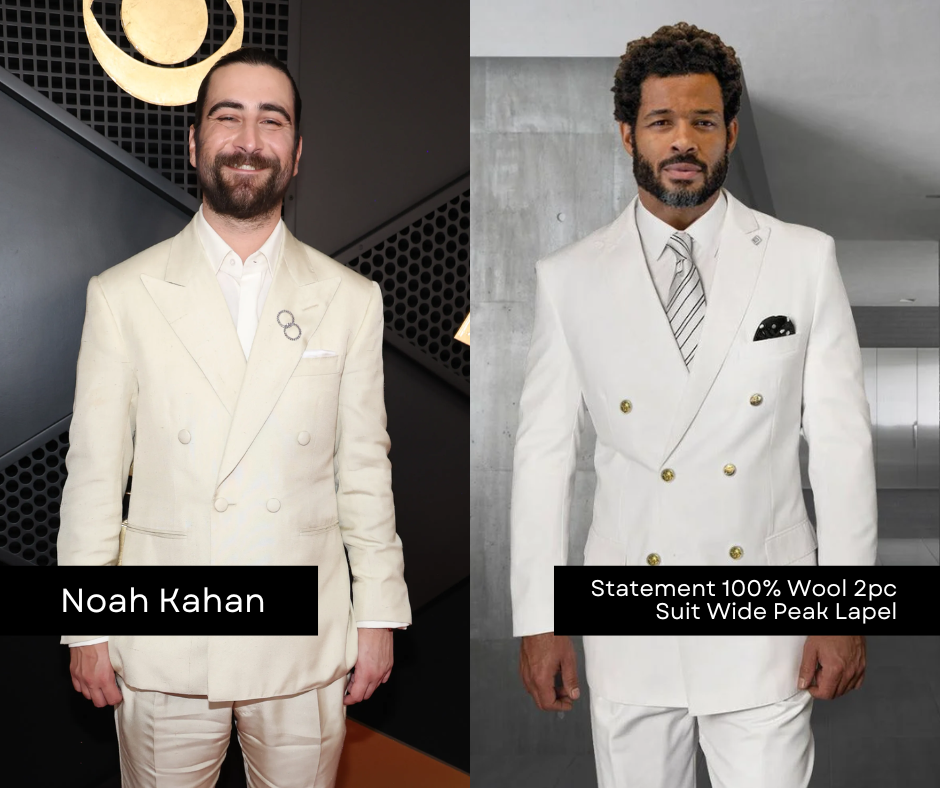 Noah Kahan wearing ivory double-breasted suit at the 67th Grammy Awards, side by side with similar suit from CCO Menswear