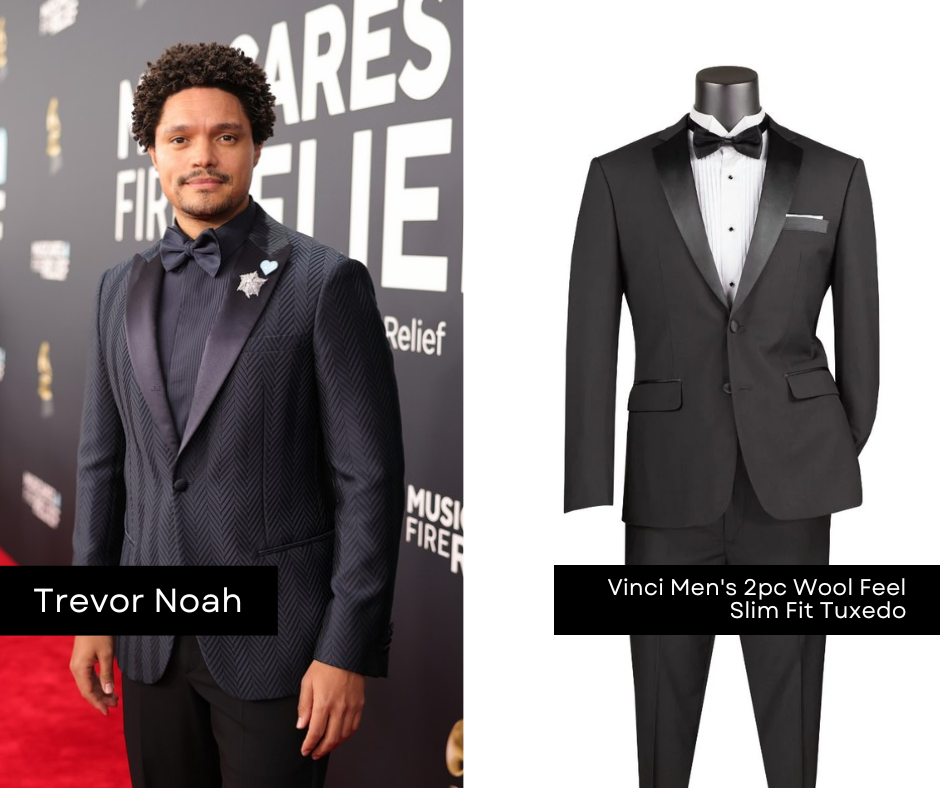 Trevor Noah wearing black tuxedo with satin lapel alongside similar tuxedo from CCO Menswear