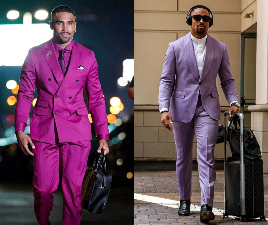 Jalen Hurts wearing two different purple suits on game day — NFL Fashion