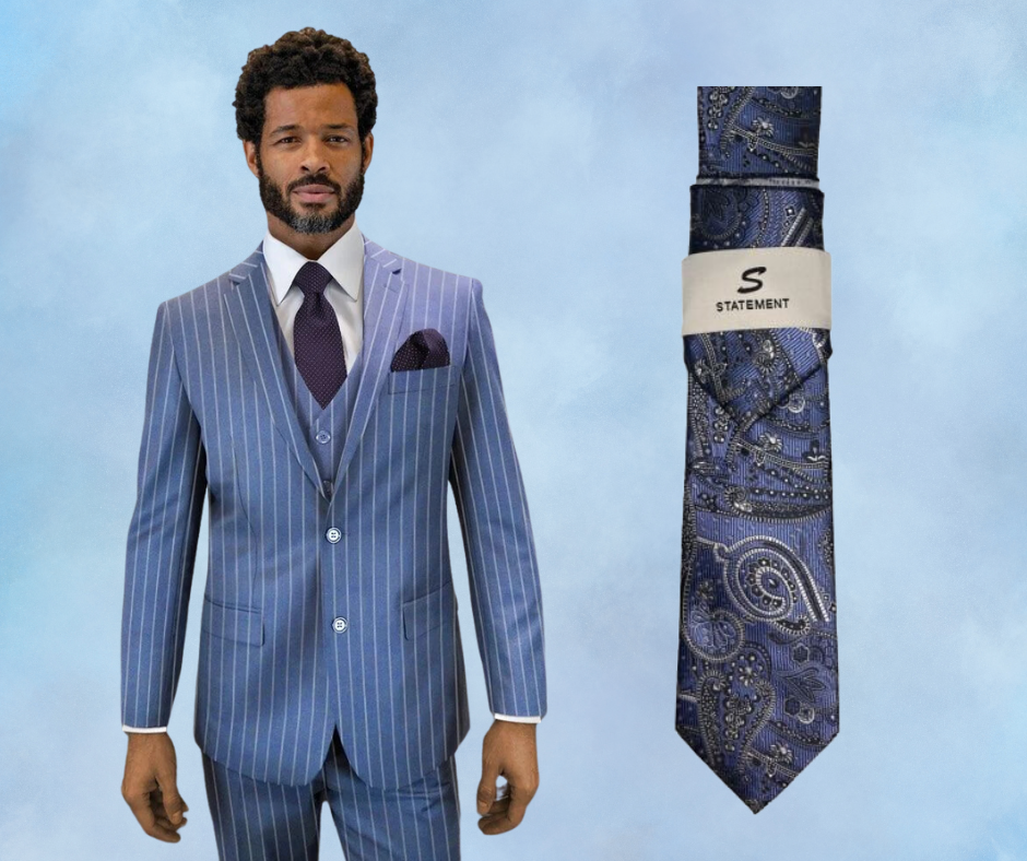 Steel blue suit with white pinstripes and paisley patterned blue tie — NFL Fashion