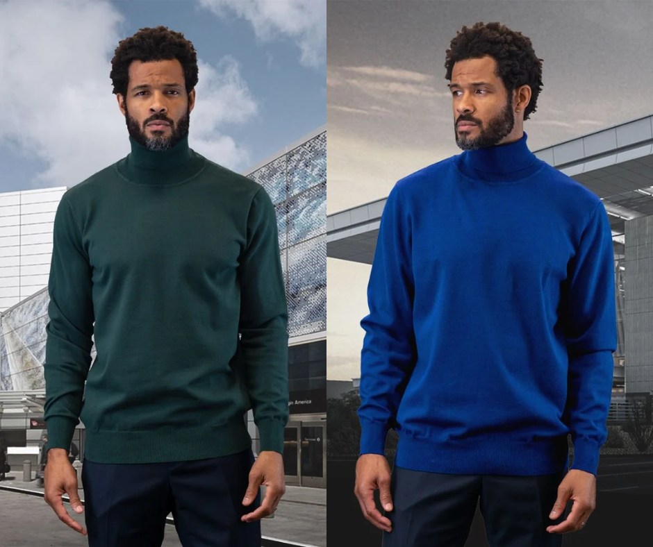 same man side by side wearing the same long sleeve turtleneck shirt in emerald green and sapphire blue men's top trends