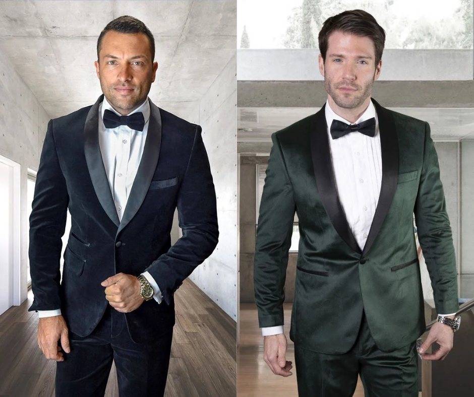 two men wearing the same velvet 2-piece suit in black and green men's top trends