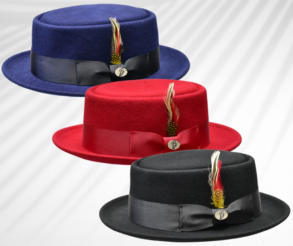 wool porkpie hat in navy, red, and black with ribbon around brim