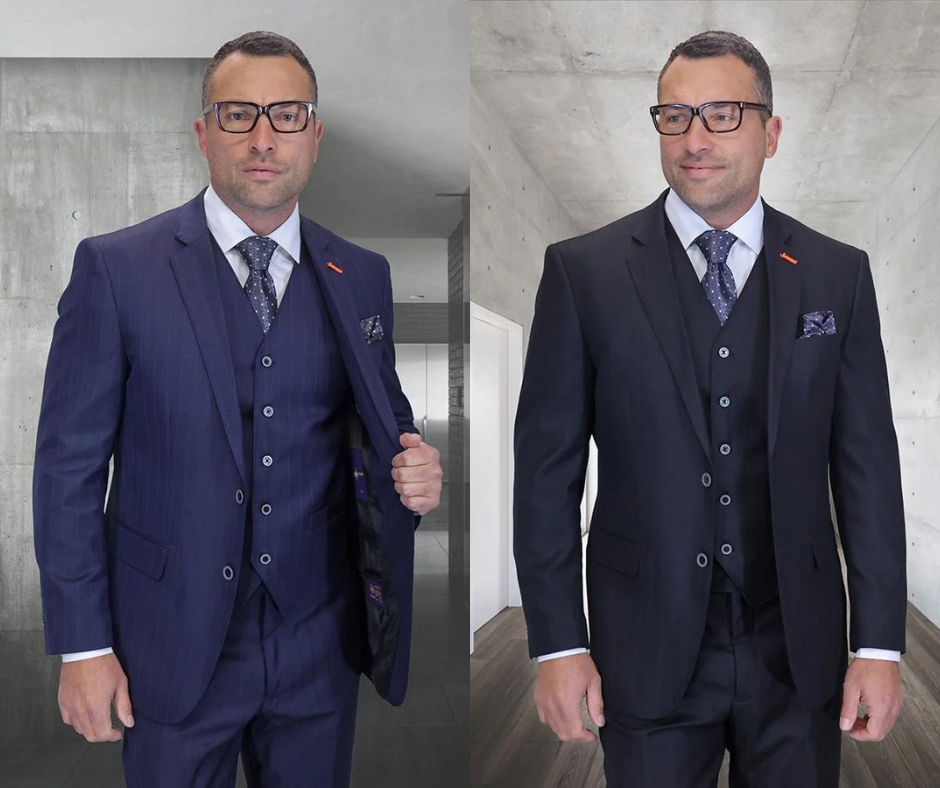 Statement 3pc 100% wool suit in black and navy
