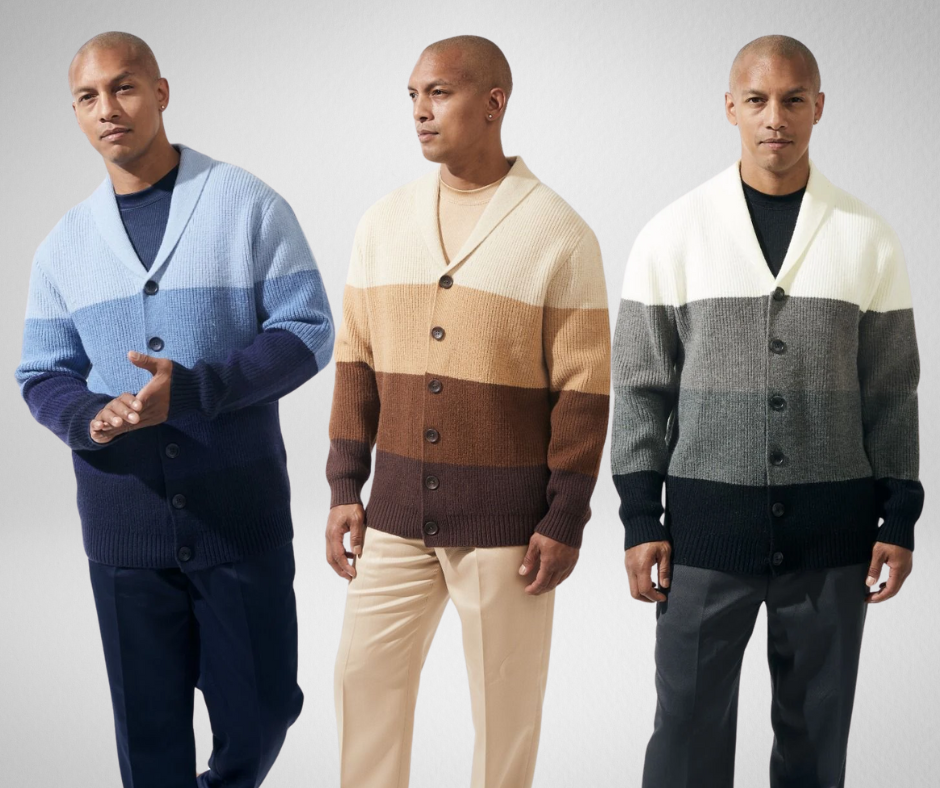 men's wide stripe cardigans in blue, tan, and black