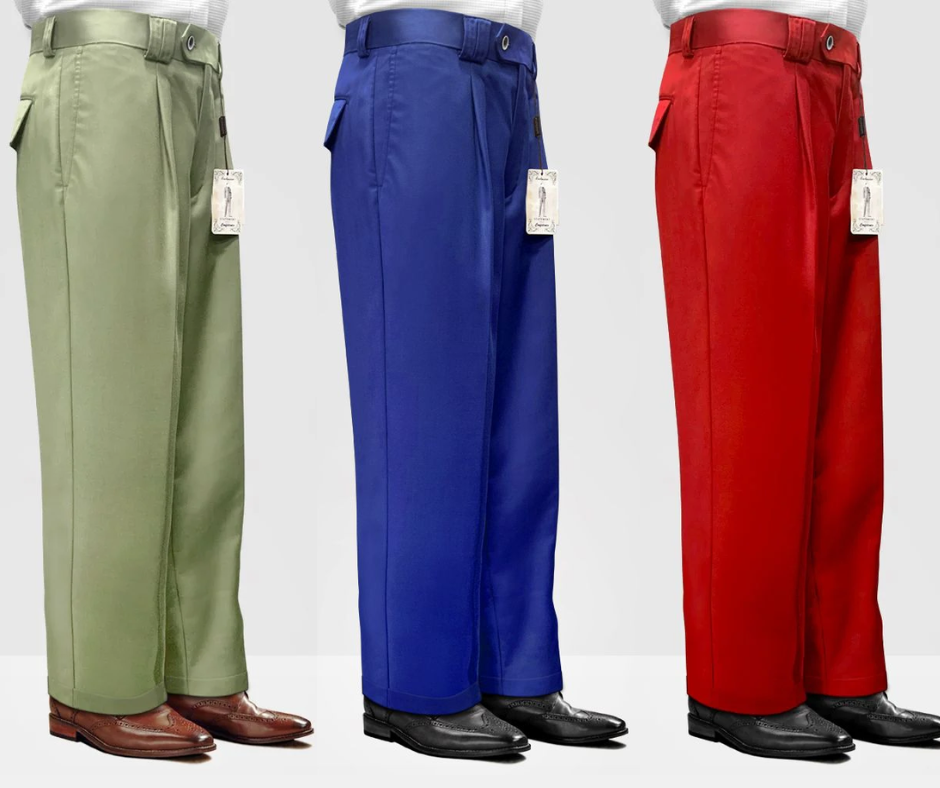 100% wool pleated men's wide leg pant in sage green, royal blue, and red