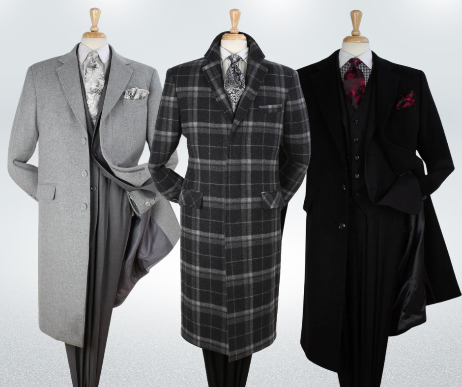 wool full-length top coat in black, gray plaid, and gray