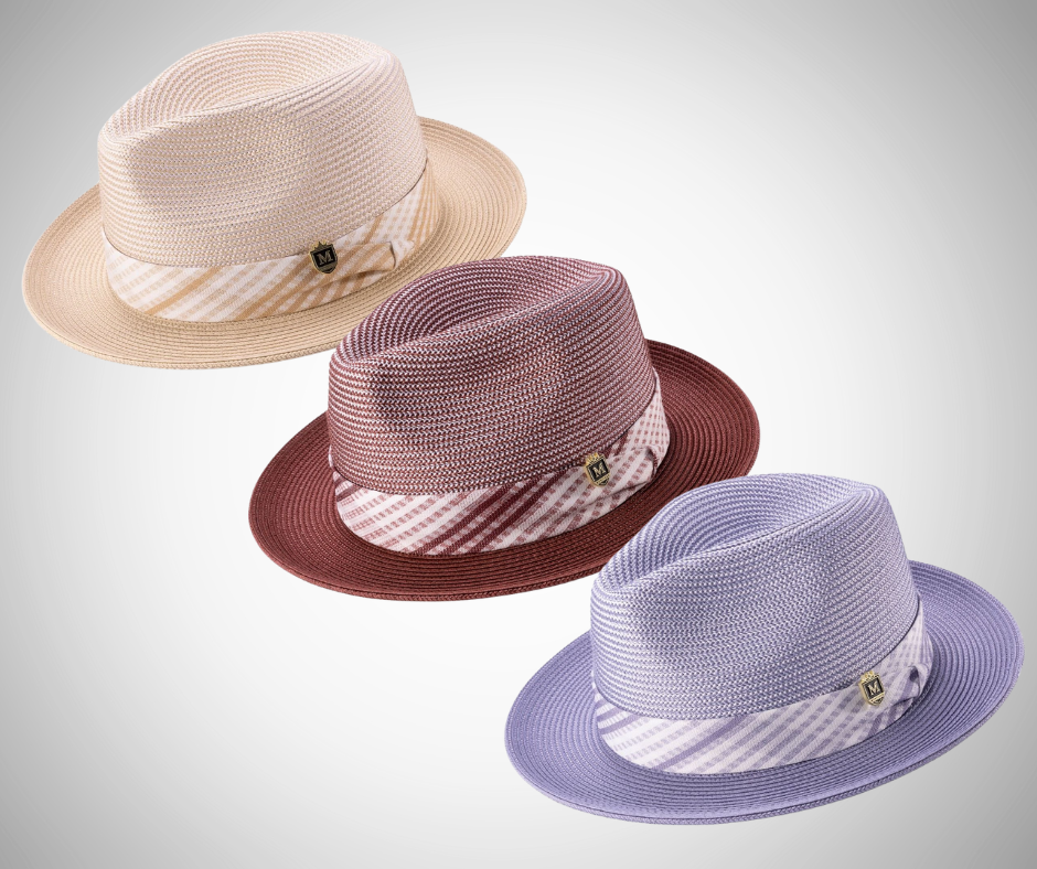 men's straw fedora in cream, burgundy, and lilac