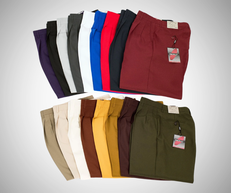 folded men's dress pants in a variety of colors