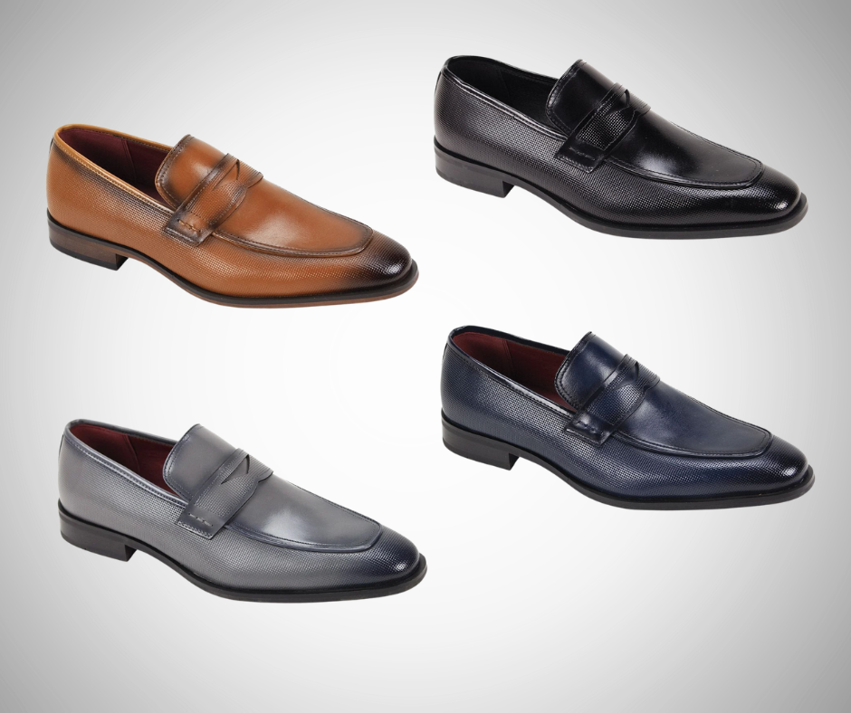 men's leather slip-on dress shoe in black, navy, grey, and brown