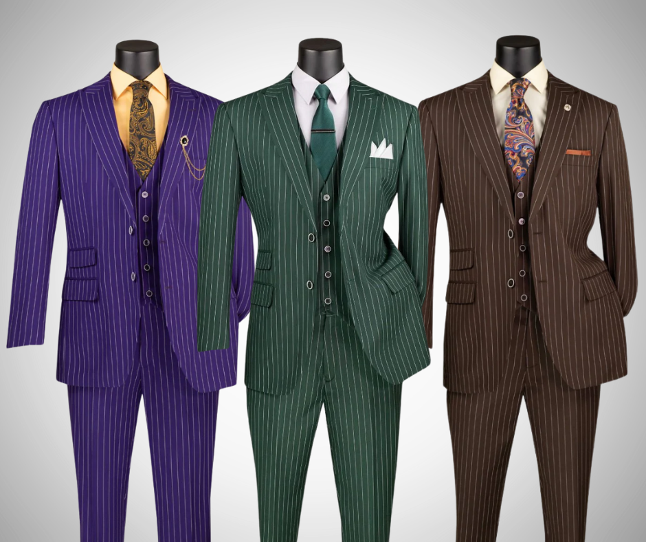 Vinci 3-piece suit in vibrant pinstripe -- purple, green, and brown