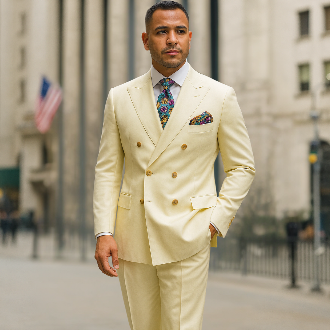 Double breasted mens suit with wide leg pants